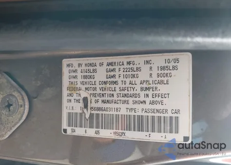 2006 Honda Accord 2.4 Ex z USA, uszkodzony, nr VIN 1HGCM56886A031187